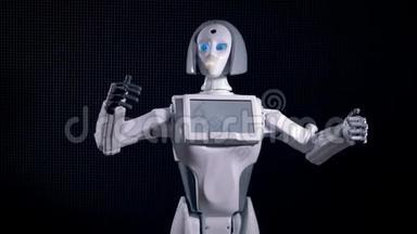 一个白色机器人的快速动作，手势和说话。